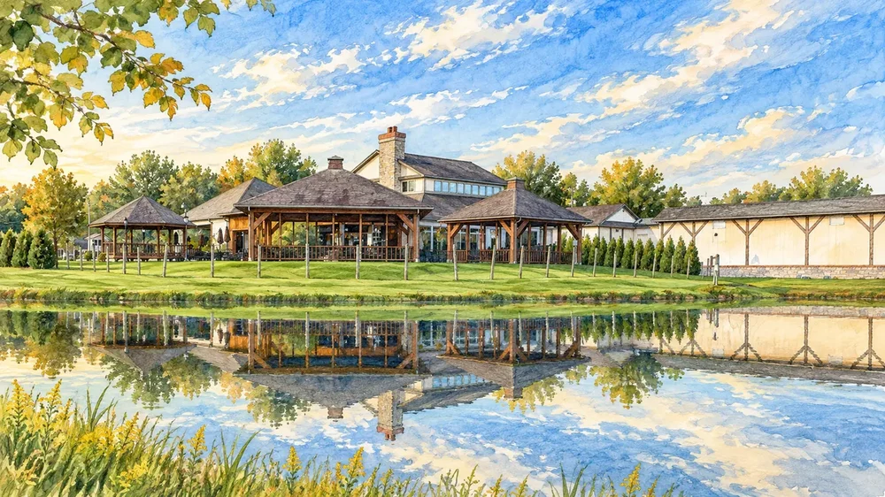 Ferrante Winery and pond in Ohio’s Grand River Valley, illustrated from a real location photograph