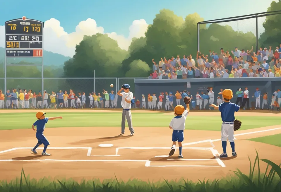 Children playing baseball on a sunny field with cheering spectators and a scoreboard in the background