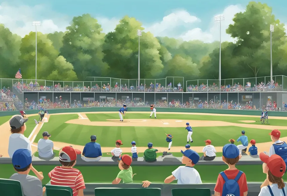 A sunny day at Geneva Ohio Little League Baseball field, with players on the diamond, fans in the stands, and the sound of bats cracking