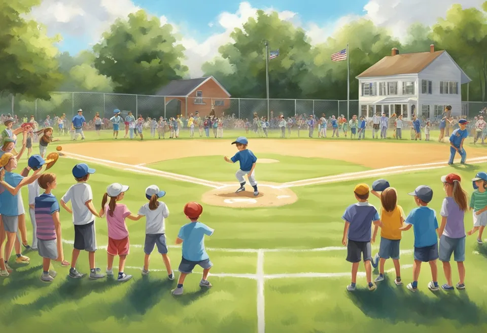 Children playing baseball on a sunny field, surrounded by cheering parents and volunteers in Geneva, Ohio