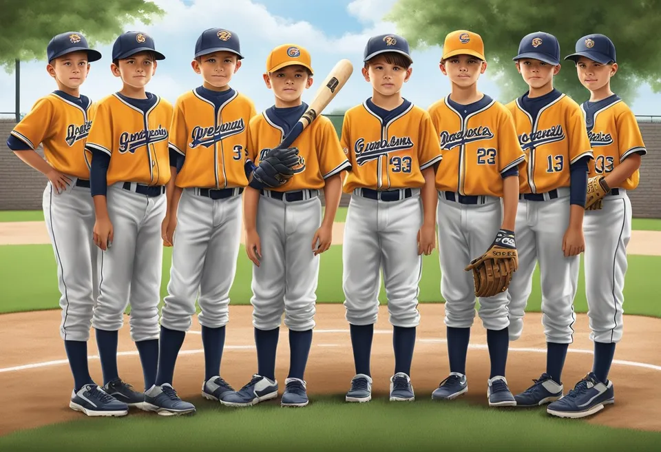 A group of young baseball players in Geneva Ohio Little League, standing on a well-maintained field, wearing their team uniforms and holding bats and gloves