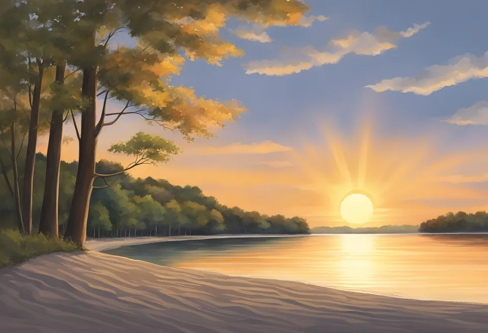 The sun sets over Hueston Woods State Park Beach, casting a warm glow on the sandy shore and calm waters